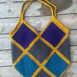 Handmade Crochet Patch Tote Bag Colorful Large Boho Yarn Bag cottagecore